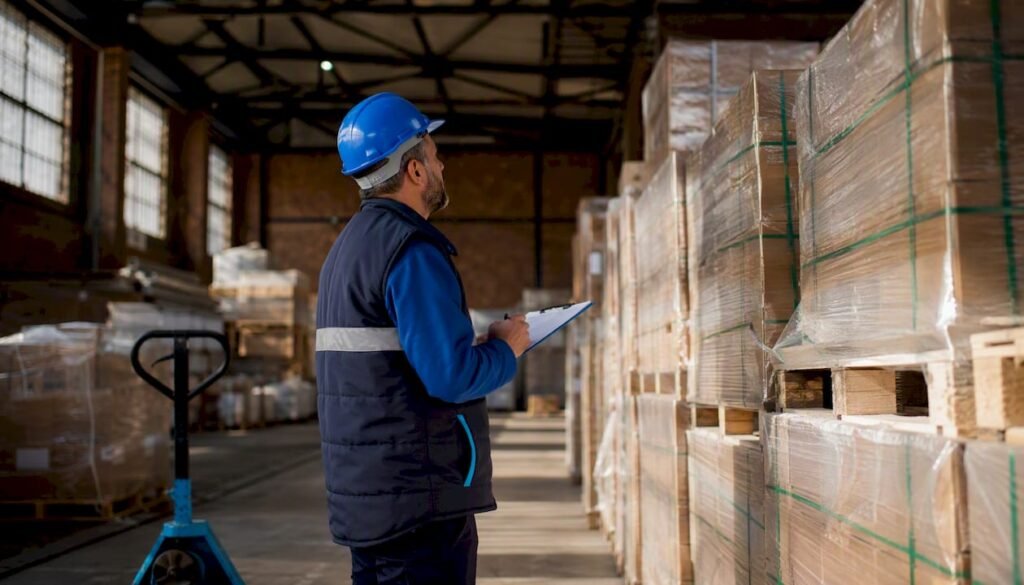 Logistics manager inspecting standard pallets in warehouse