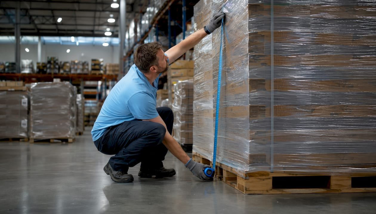 Hands measuring pallet load height with tape measure in warehouse