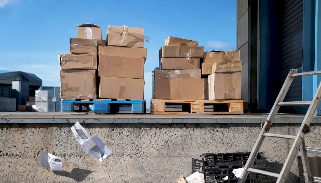 Overhead view comparing UK and Euro pallets on warehouse floor