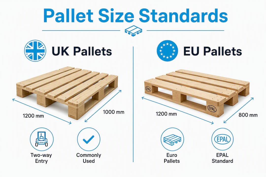 Infographic comparing UK and EU standard pallet sizes