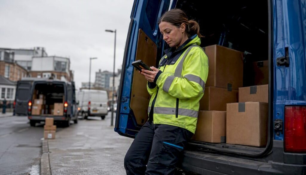 Courier preparing for round trip delivery in UK