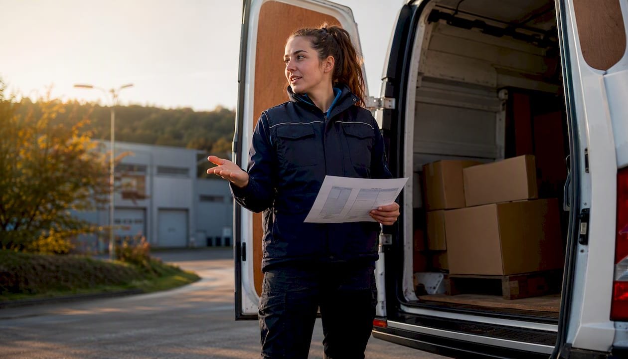 Light goods vehicle driver checking compliance documents outdoors