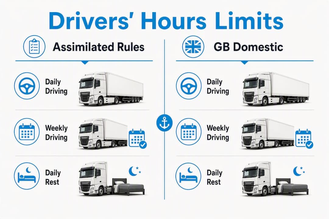 Infographic comparing assimilated and GB domestic drivers' hours limits