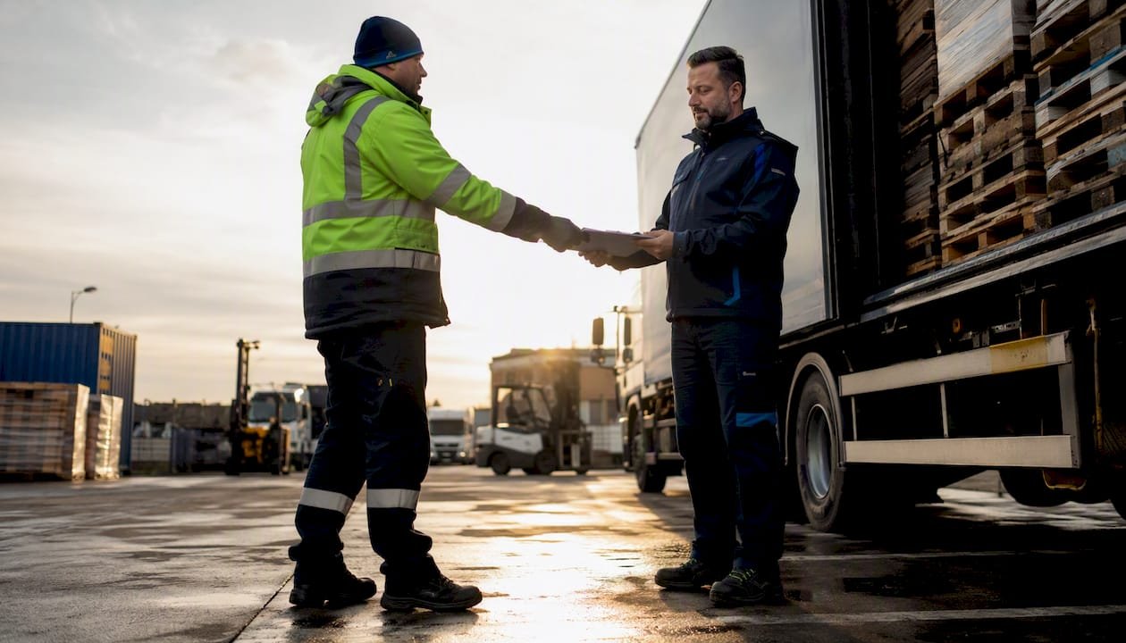 Hands exchanging logistics document at warehouse