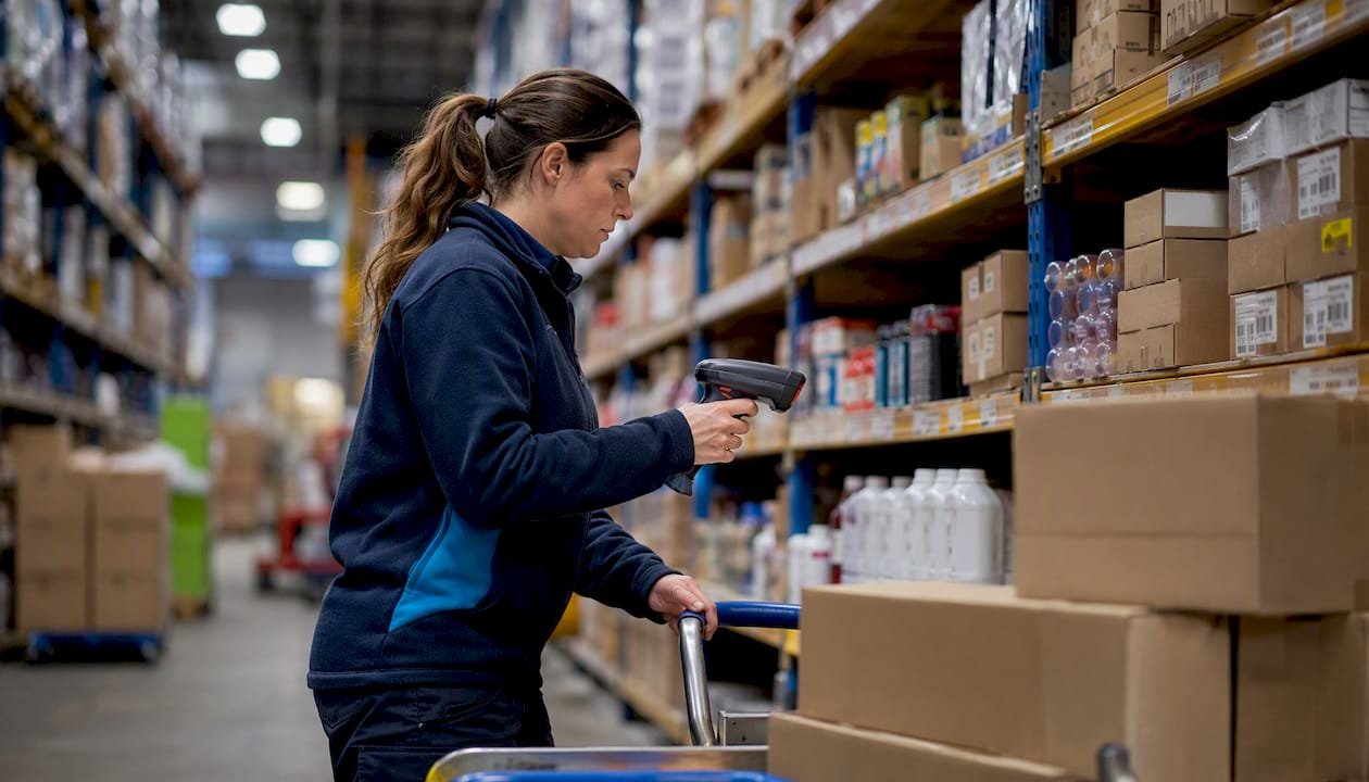 Retail supervisor scanning inventory in warehouse
