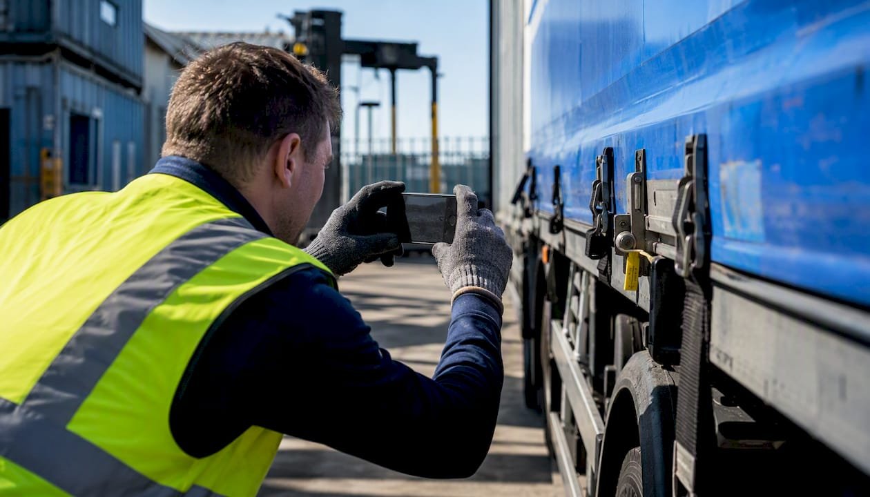 Logistic worker photographing cargo seal