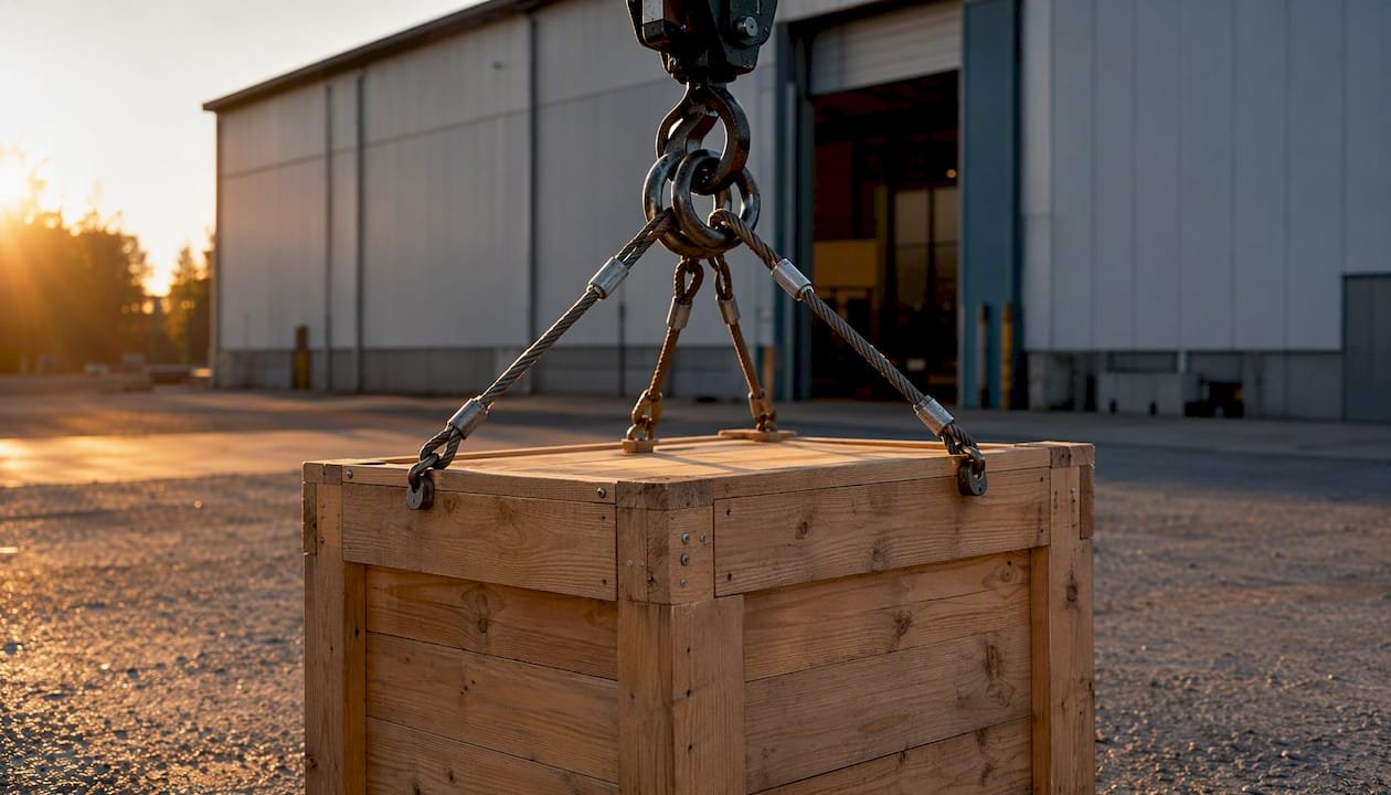 Crate lifted by crane in logistics yard