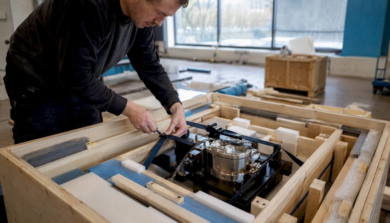 Worker strapping machinery inside wooden crate