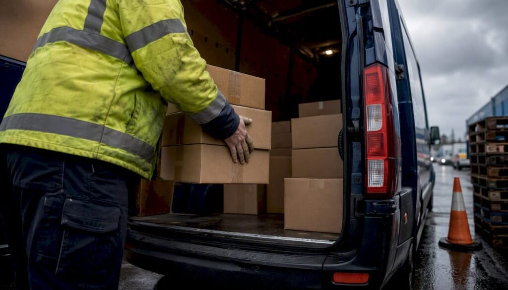 Courier loading parcels into delivery van