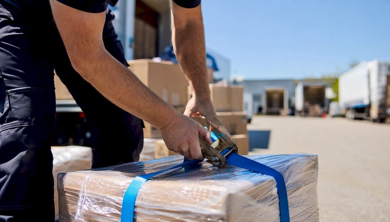 Courier strapping parcel for urgent delivery