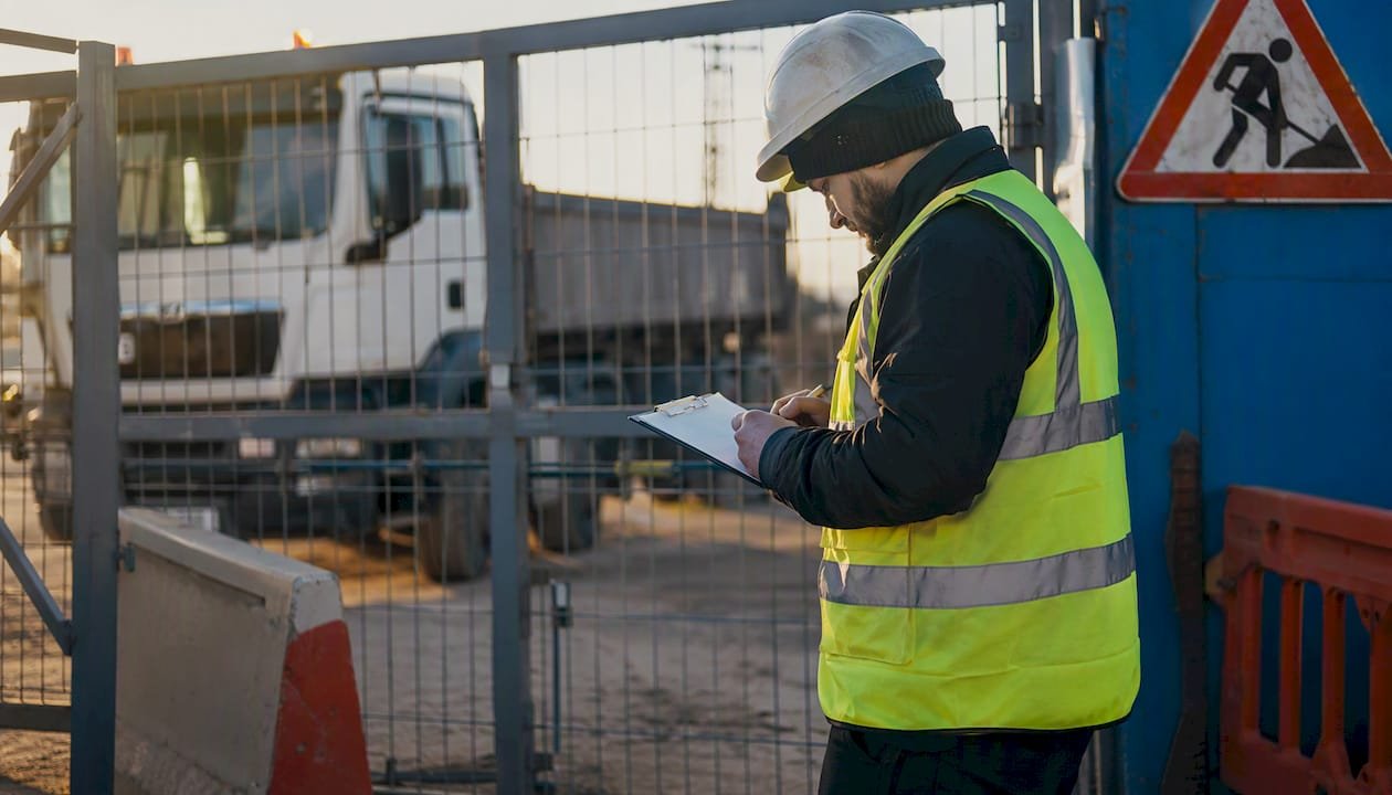 Safety marshal checking vehicle registration at gate