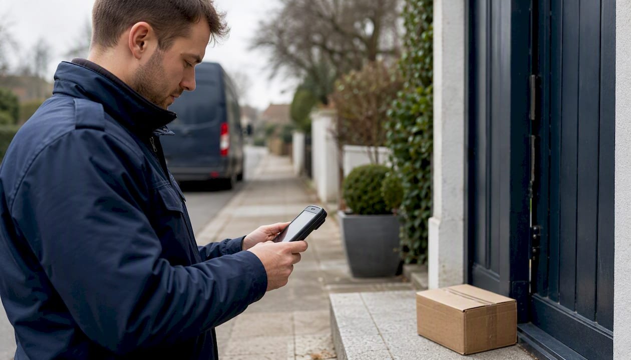 Delivery driver using scanner at doorstep