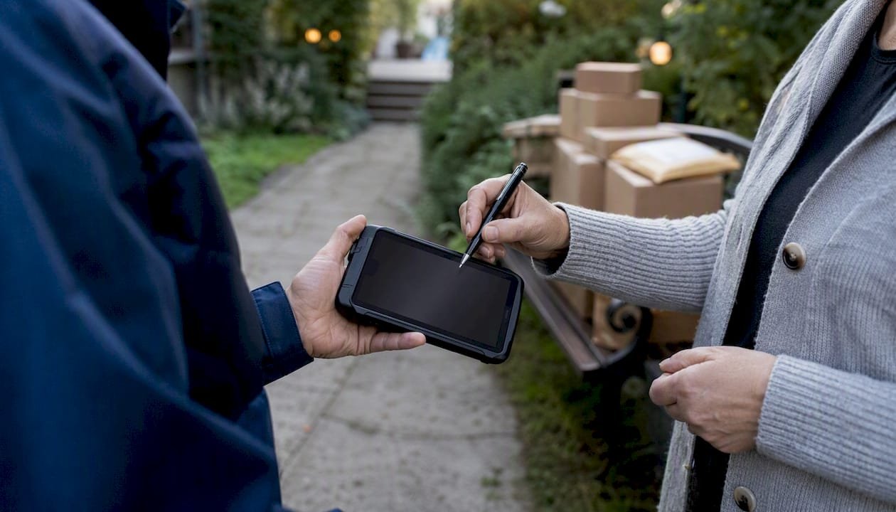 Hand holding electronic signature device at delivery
