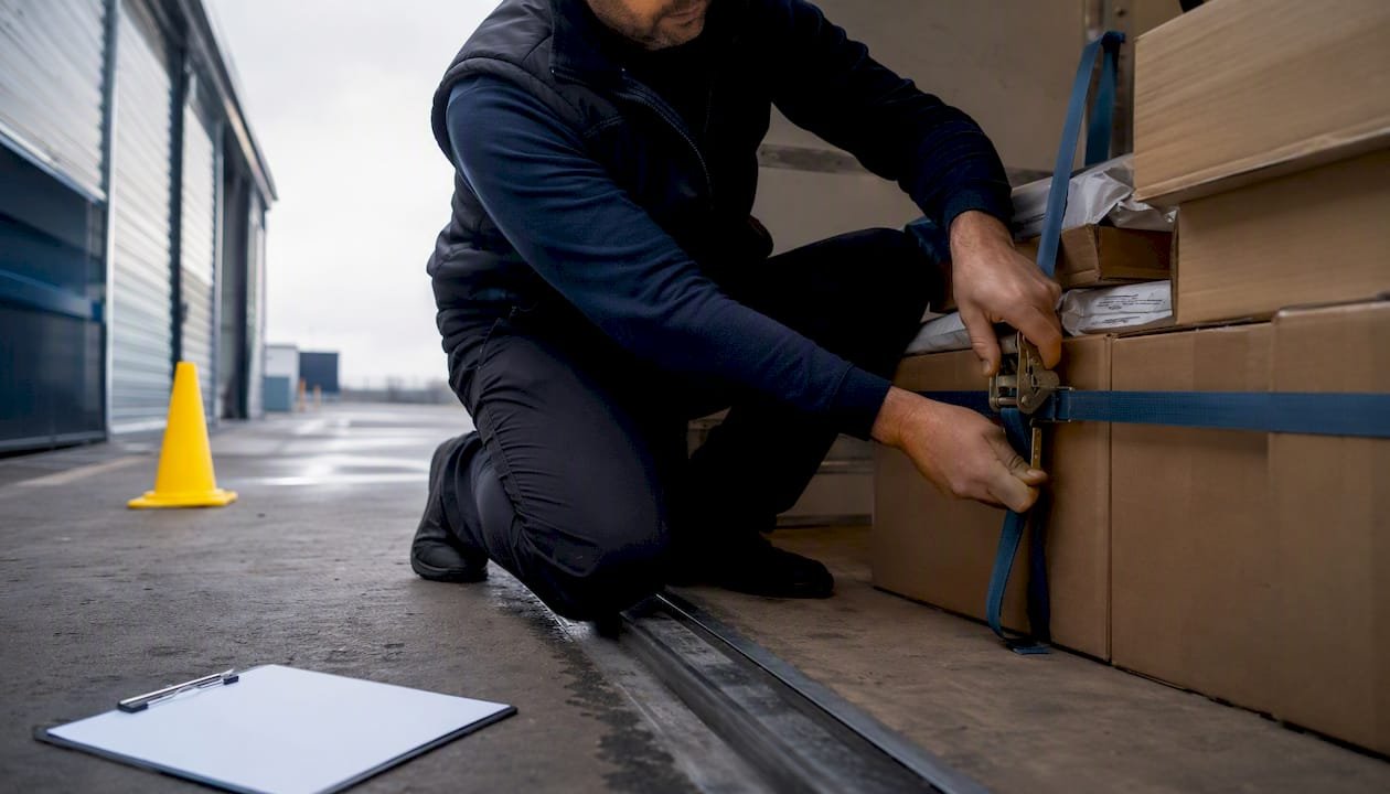 Courier securing parcels in dedicated van