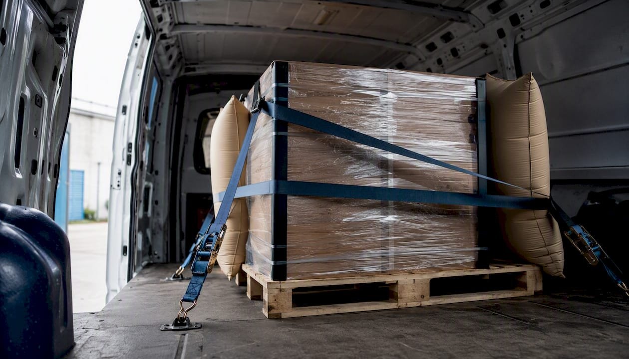 Pallet securely strapped inside delivery van