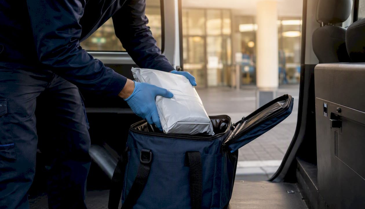 Courier loading medical package at hospital entrance