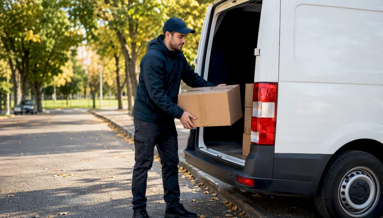 Courier unloading parcel from van on suburban street