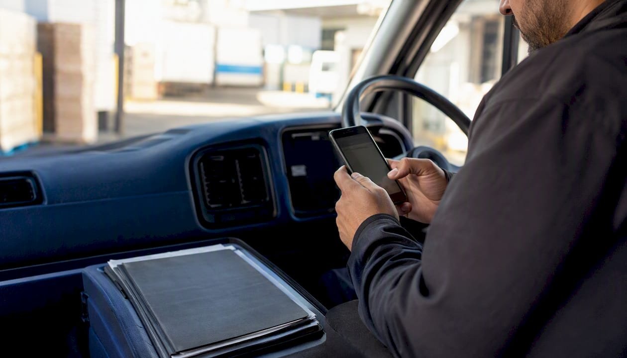 Courier driver hands with pen and dark smartphone in van