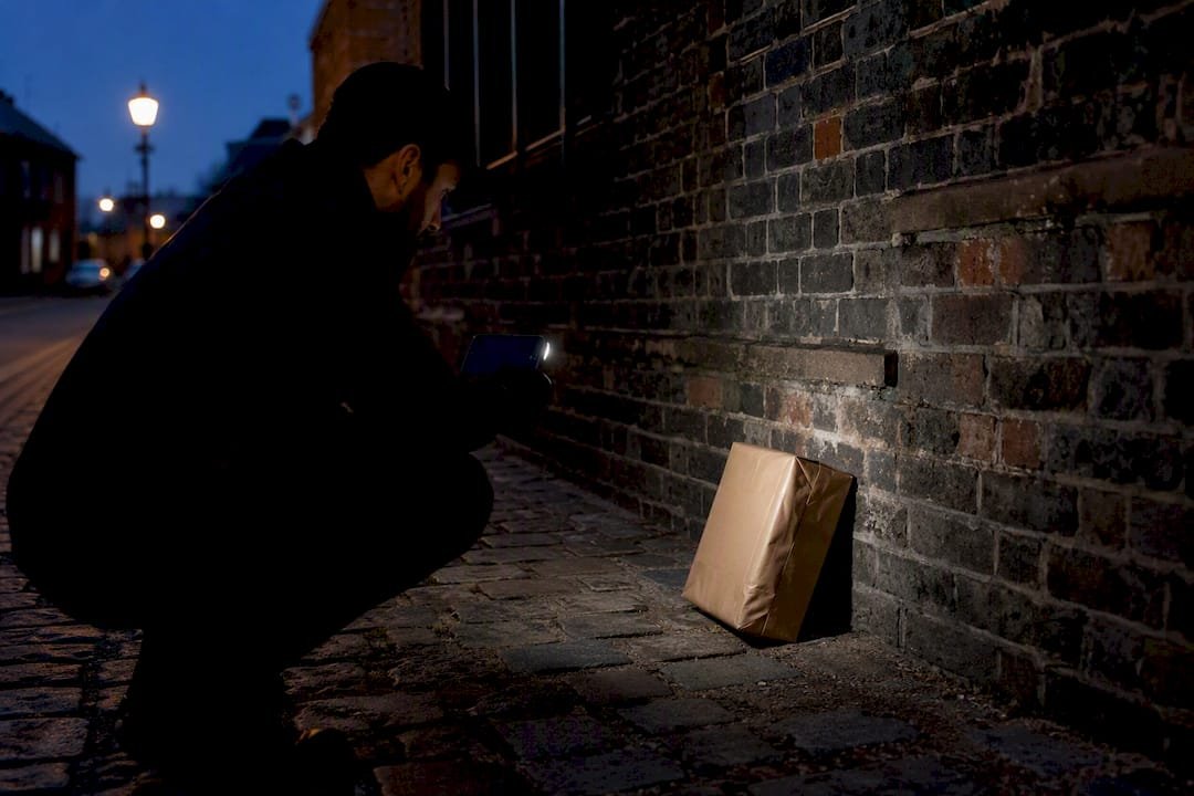 Courier activating phone flash to photo parcel at dusk