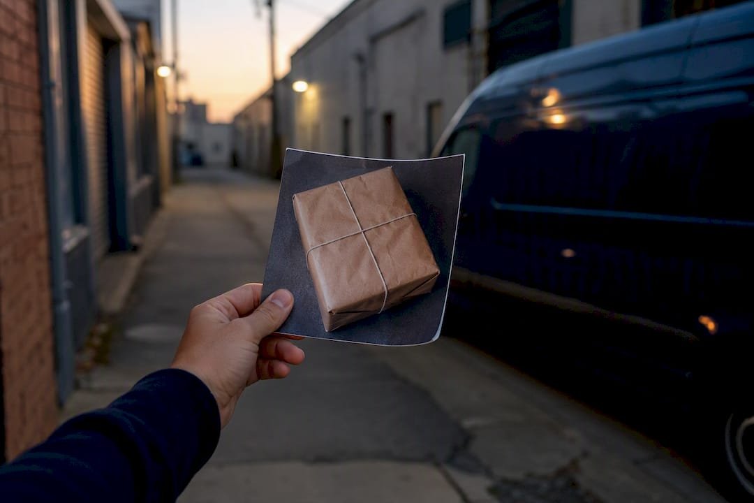 Hand holding photo of parcel before delivery