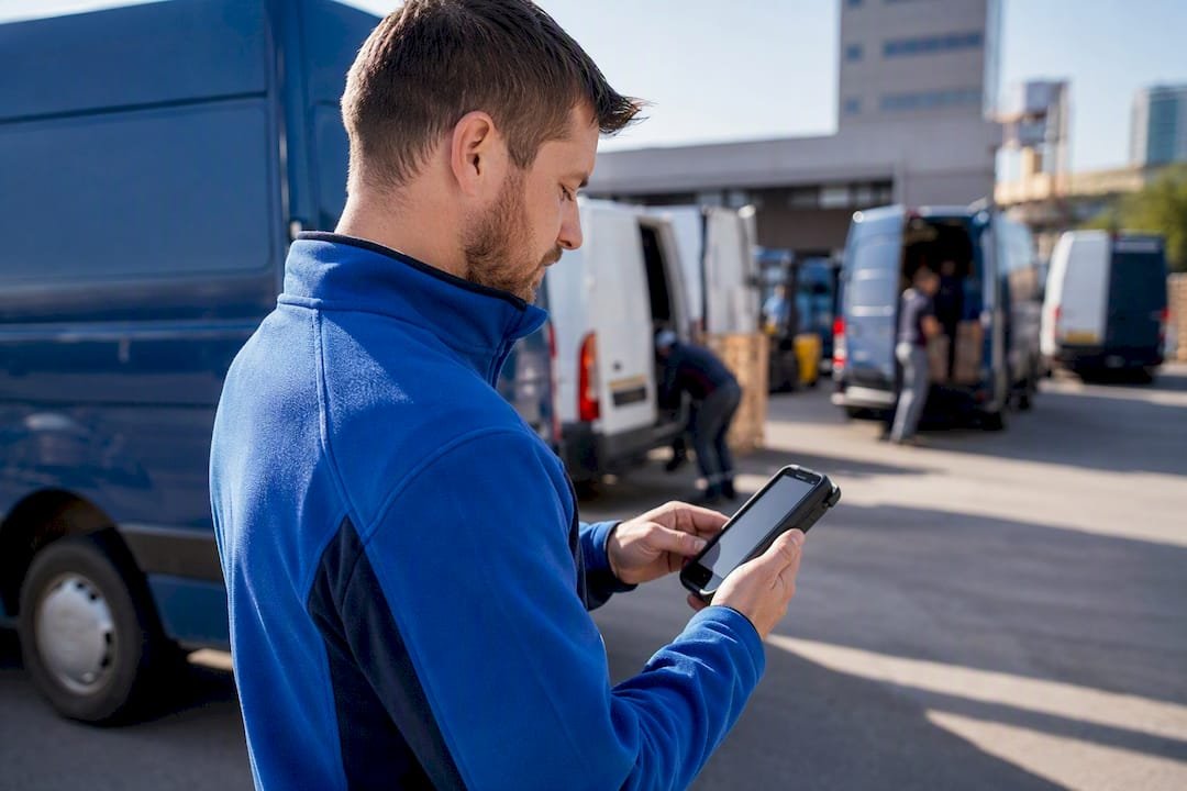 Courier hands holding GPS device outdoors