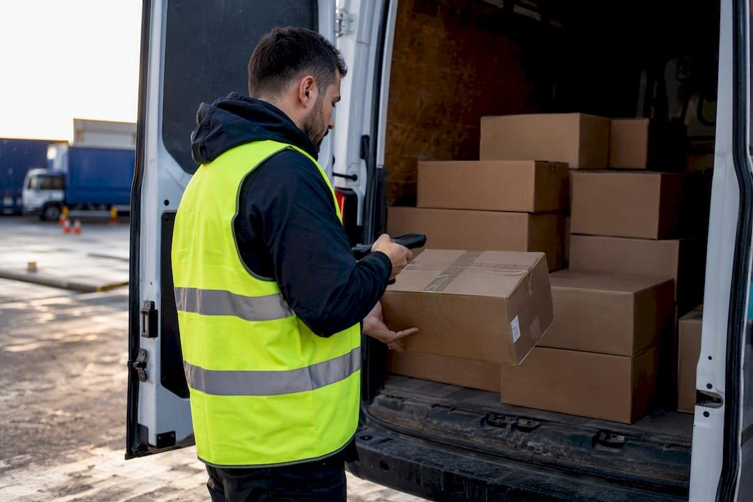 Driver scanning parcel in van loading dock